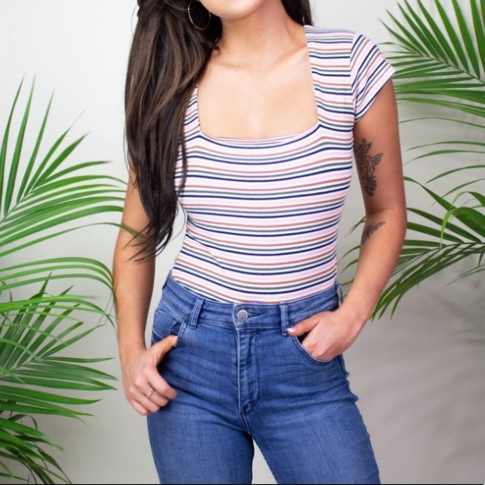Pink striped, square-neck bodysuit.